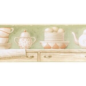 Country Kitchen Dinnerware Set on Hutch Shelf Imperial Wallpaper Border 3 apoola